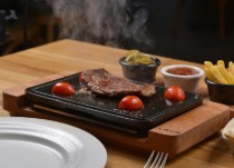 Plita fonta, 22x16 cm, cu suport din lemn, si baza din inox - LAVA