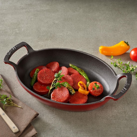 Tava ovala fonta, 19 x 14 cm, cu suport din lemn - LAVA