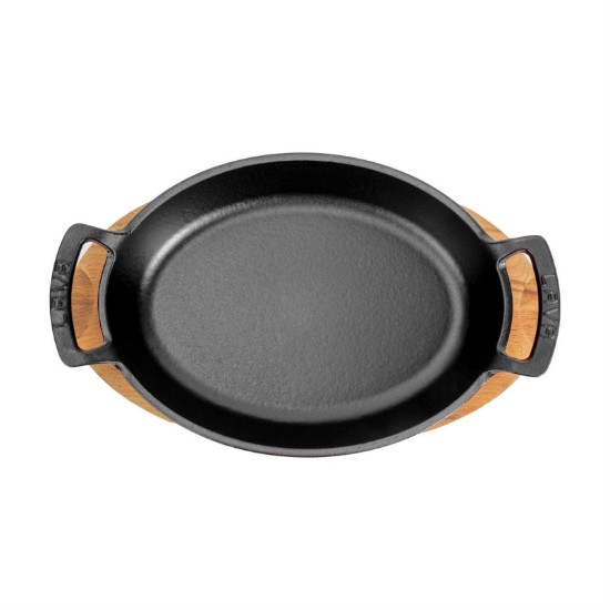 Tava ovala fonta, 27 x 20 cm, cu suport din lemn, Rosu - LAVA