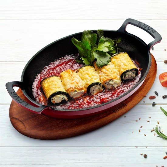 Tava ovala fonta, 27 x 20 cm, cu suport din lemn, Rosu - LAVA