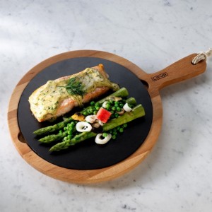 Platou servire fonta, 31cm, cu suport din lemn - LAVA