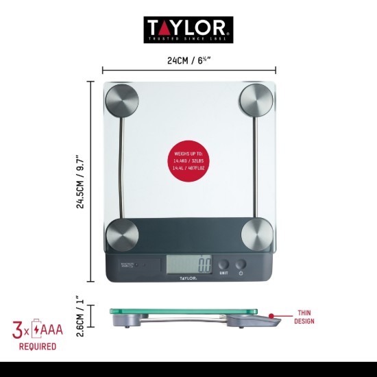 Cantar digital de bucatarie, sticla, 14,4kg - Taylor Pro