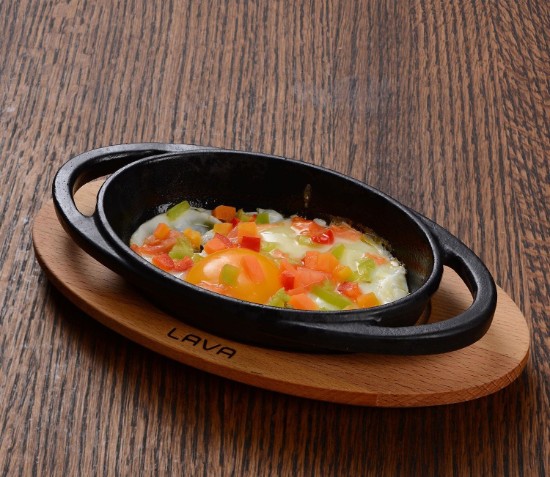 Tava ovala fonta, 15 x 10 cm, cu suport lemn - LAVA