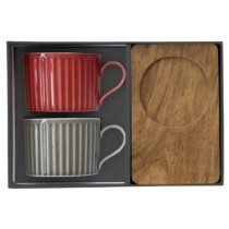 Set 2 cani portelan, cu suport din lemn, 250ml, "Take a Break", Rosu/Gri - Nuova R2S