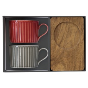 Set 2 cani portelan, cu suport din lemn, 250ml, "Take a Break", Rosu/Gri - Nuova R2S