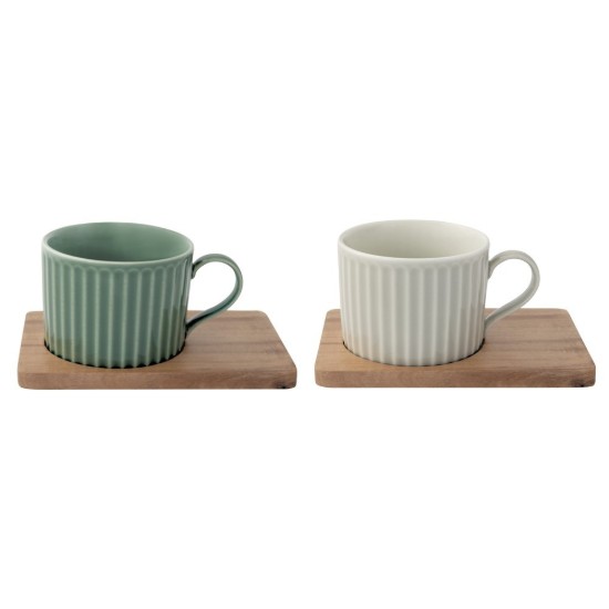 Set 2 cani portelan, cu suport din lemn, 250ml, "Take a Break", Verde/Alb - Easy Life