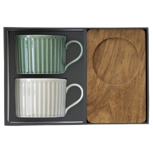 Set 2 cani portelan, cu suport din lemn, 250ml, "Take a Break", Verde/Alb - Easy Life