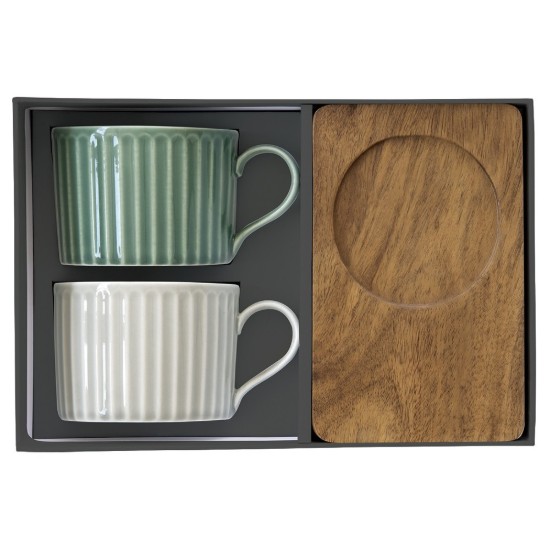 Set 2 cani portelan, cu suport din lemn, 250ml, "Take a Break", Verde/Alb - Easy Life
