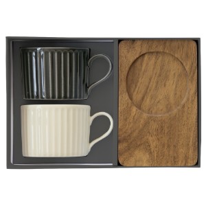 Set 2 cani portelan, cu suport din lemn, 250ml, "Take a Break", Alb/Negru - Easy Life