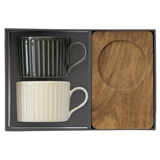 Set 2 cani portelan, cu suport din lemn, 250ml, "Take a Break", Alb/Negru - Easy Life