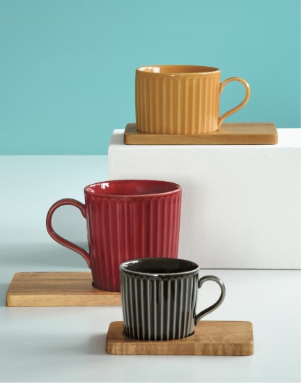 Set 2 cani portelan, cu suport din lemn, 250ml, "Take a Break", Alb/Negru - Easy Life