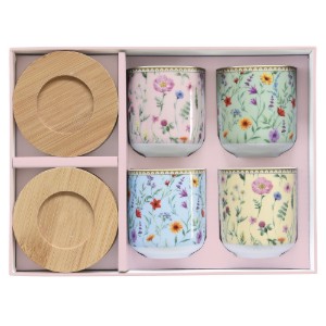 Set 4 cesti portelan, 110 ml, cu farfurioare din bambus, "Meadow Flowers" - Nuova R2S