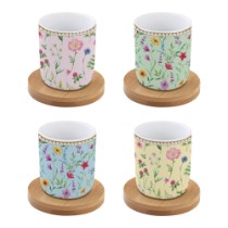 Set 4 cesti portelan, 110 ml, cu farfurioare din bambus, "Meadow Flowers" - Nuova R2S