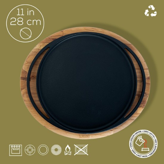 Tava pizza/clatite, fonta, 28 cm, cu suport din lemn - LAVA