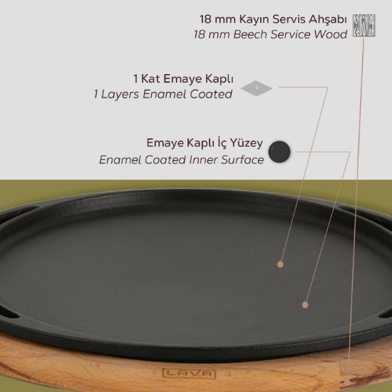 Tava pizza/clatite, fonta, 28 cm, cu suport din lemn - LAVA