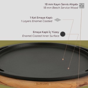 Tava pizza/clatite, fonta, 28cm, cu suport din lemn - LAVA