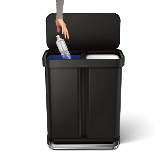 Cos de gunoi cu pedala, dublu compartimentat, 58 L, inox, Matte Black - simplehuman