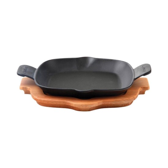 Tigaie fonta, 26 x 26 cm, cu suport din lemn - LAVA