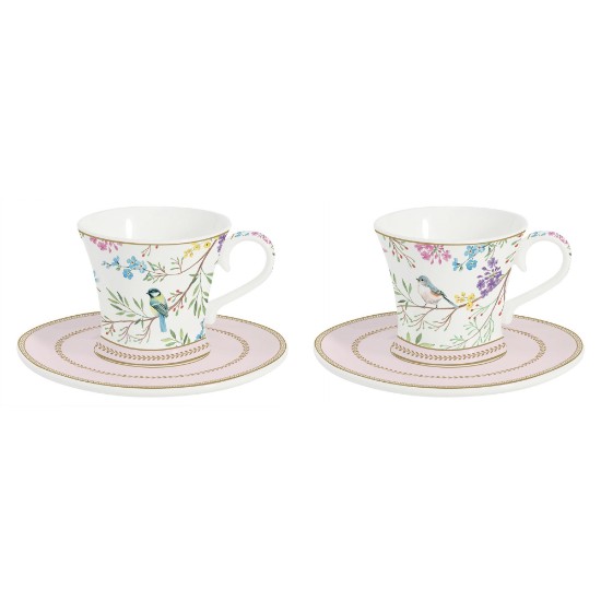 Set 2 cesti cafea cu farfurioara, portelan, 80ml, "Birds Melody" - Nuova R2S