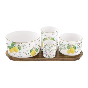 Set 4 boluri portelan, cu tava servire lemn, "Fleurs et Citrons" - Easy Life