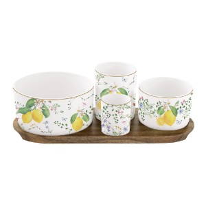 Set 4 boluri portelan, cu tava servire lemn, "Fleurs et Citrons" - Nuova R2S