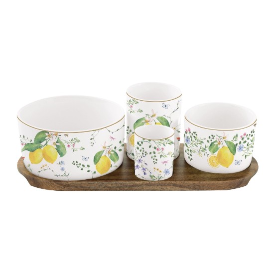 Set 4 boluri portelan, cu tava servire lemn, "Fleurs et Citrons" - Nuova R2S