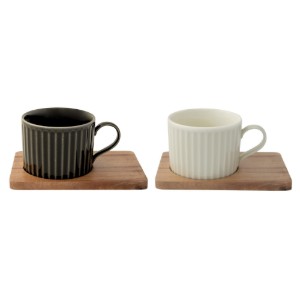 Set 2 cani portelan, cu suport din lemn, 250ml, "Take a Break", Alb/Negru - Easy Life