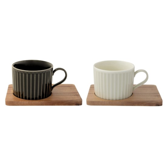 Set 2 cani portelan, cu suport din lemn, 250ml, "Take a Break", Alb/Negru - Easy Life