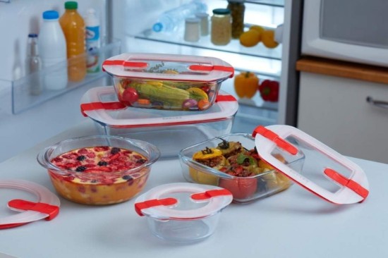 Caserola patrata, cu capac, sticla termorezistenta, 25x22cm/2,2L, Rosu - PYREX