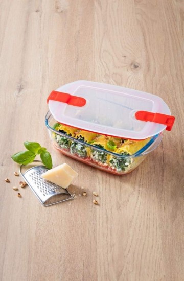 Caserola dreptunghiulara, cu capac, sticla termorezistenta, 23x15cm/1,2L, Rosu - PYREX