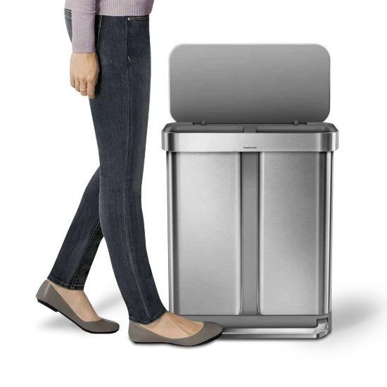 Cos de gunoi cu pedala, dublu compartimentat, 58 L, inox, Brushed - simplehuman