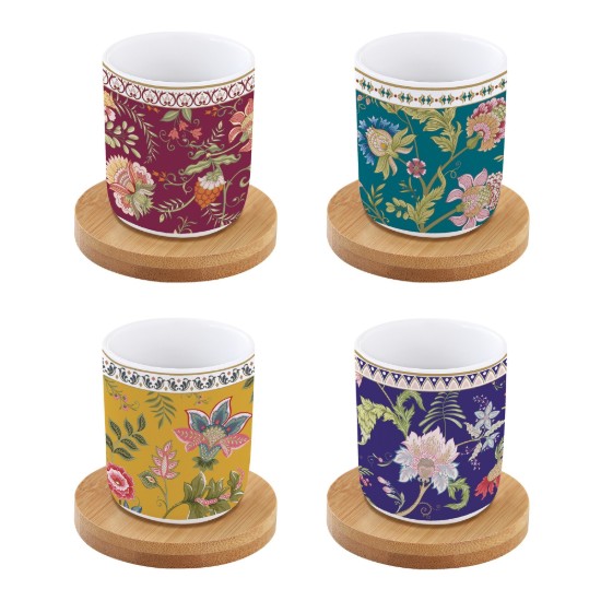 Set 4 cesti portelan, 110 ml, cu farfurioare din bambus, "Magie D'Orient" - Easy Life