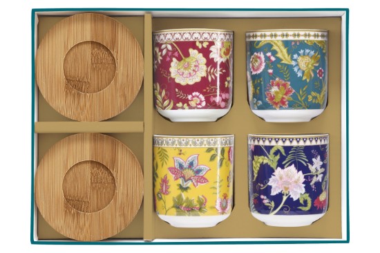 Set 4 cesti portelan, 110 ml, cu farfurioare din bambus, "Magie D'Orient" - Easy Life