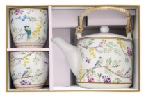 Ceainic portelan, 600ml, cu infuzor si 2 cani, "Birds Melody" - Nuova R2S