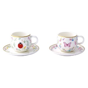 Set 2 cesti cafea cu farfurioara, portelan, model embosat, 120ml, "Fancy Garden" - Nuova R2S