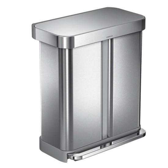 Cos de gunoi cu pedala, dublu compartimentat, 58 L, inox, Brushed - simplehuman