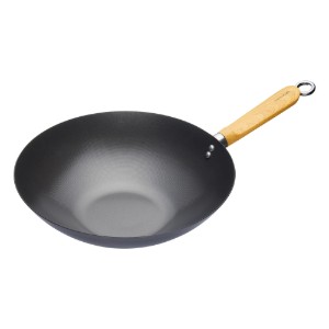 Tigaie wok, cu maner din lemn, otel carbon, 30 cm - Kitchen Craft