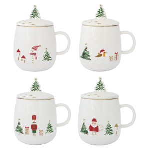 Cana cu capac si infuzor metalic, portelan, model embosat, 450ml, "Let it Snow" - Easy Life