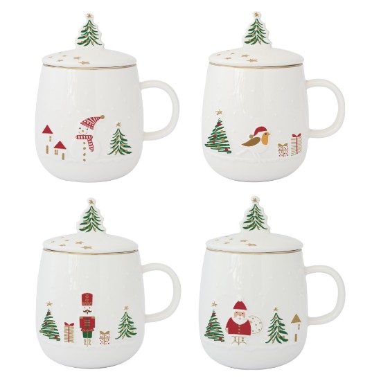 Cana cu capac si infuzor metalic, portelan, model embosat, 450ml, "Let it Snow" - Easy Life