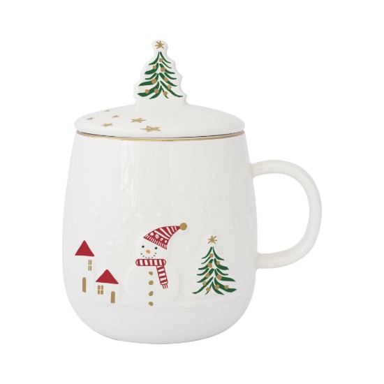 Cana cu capac si infuzor metalic, portelan, model embosat, 450ml, "Let it Snow" - Easy Life