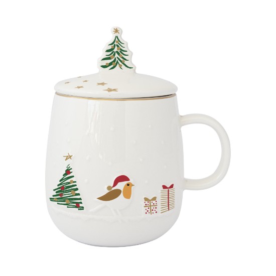 Cana cu capac si infuzor metalic, portelan, model embosat, 450ml, "Let it Snow" - Easy Life