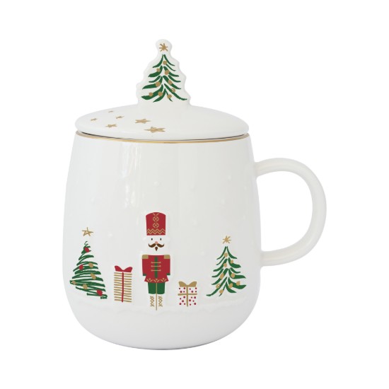 Cana cu capac si infuzor metalic, portelan, model embosat, 450ml, "Let it Snow" - Easy Life