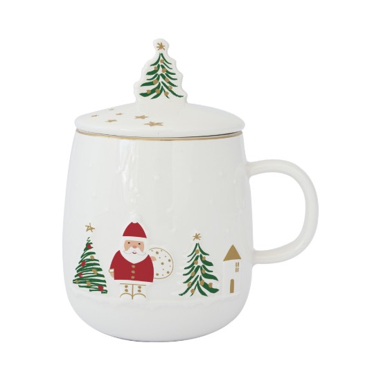 Cana cu capac si infuzor metalic, portelan, model embosat, 450ml, "Let it Snow" - Easy Life
