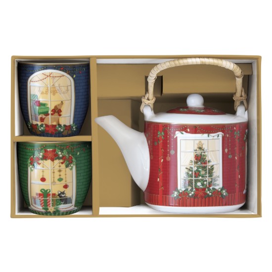Ceainic portelan, 600 ml, cu infuzor si 2 cani, "Festive Avenue" - Nuova R2S