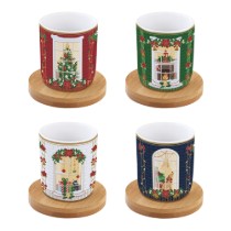Set 4 cesti portelan, 110 ml, cu farfurioare din bambus, "Festive Avenue" - Nuova R2S