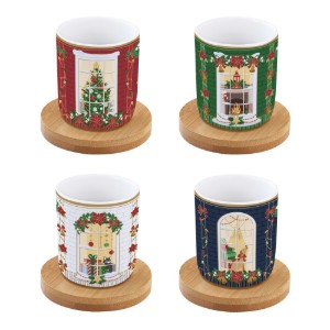 Set 4 cesti portelan, 110 ml, cu farfurioare din bambus, "Festive Avenue" - Nuova R2S