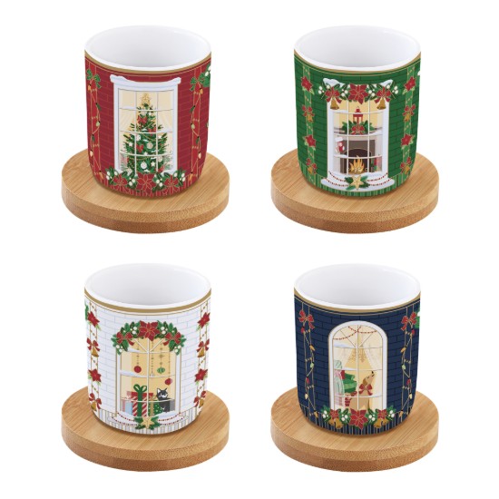 Set 4 cesti portelan, 110 ml, cu farfurioare din bambus, "Festive Avenue" - Nuova R2S