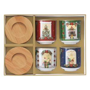 Set 4 cesti portelan, 110 ml, cu farfurioare din bambus, "Festive Avenue" - Nuova R2S