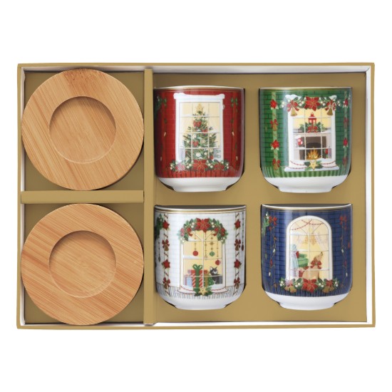 Set 4 cesti portelan, 110 ml, cu farfurioare din bambus, "Festive Avenue" - Nuova R2S