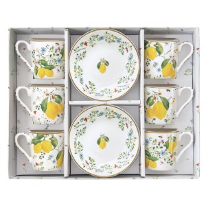 Set 6 cesti cu farfurioare, portelan, 100ml, "Fleurs et Citrons" - Nuova R2S